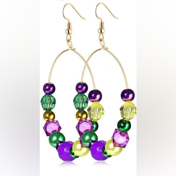 Mardi Gras Purple Green And Goldtone Beaded Hoop Dangle Earrings - New